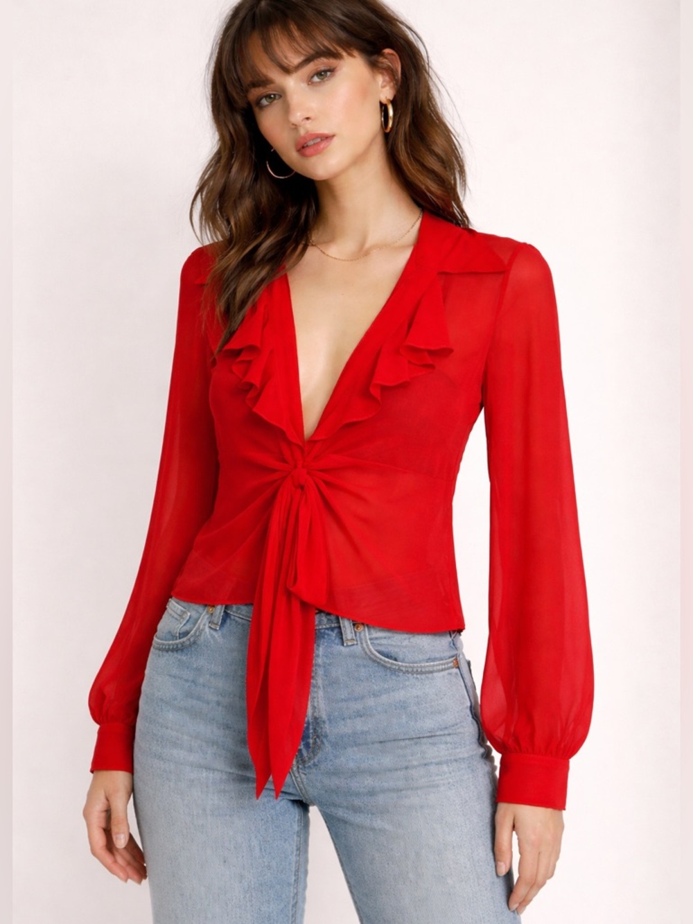 vintage sheer peplum body ballon sleeve ruffle collar tie front blouse